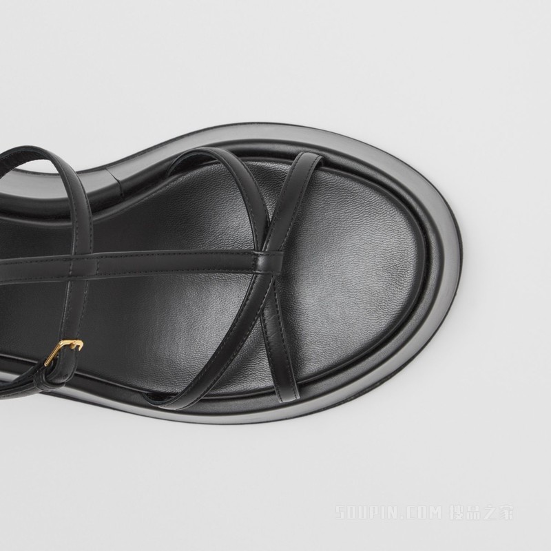 皮革厚底高跟凉鞋 (黑色) - 女士