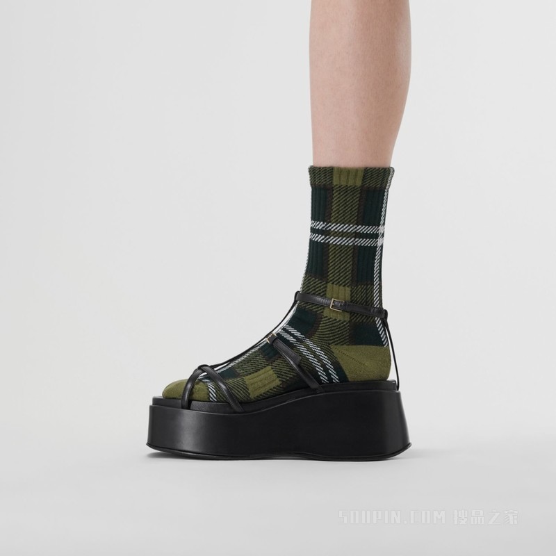 皮革厚底高跟凉鞋 (黑色) - 女士