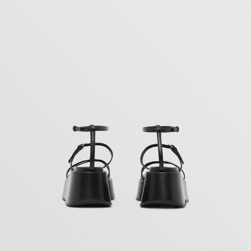 皮革厚底高跟凉鞋 (黑色) - 女士