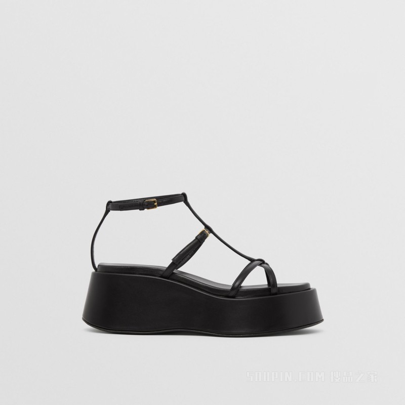 皮革厚底高跟凉鞋 (黑色) - 女士