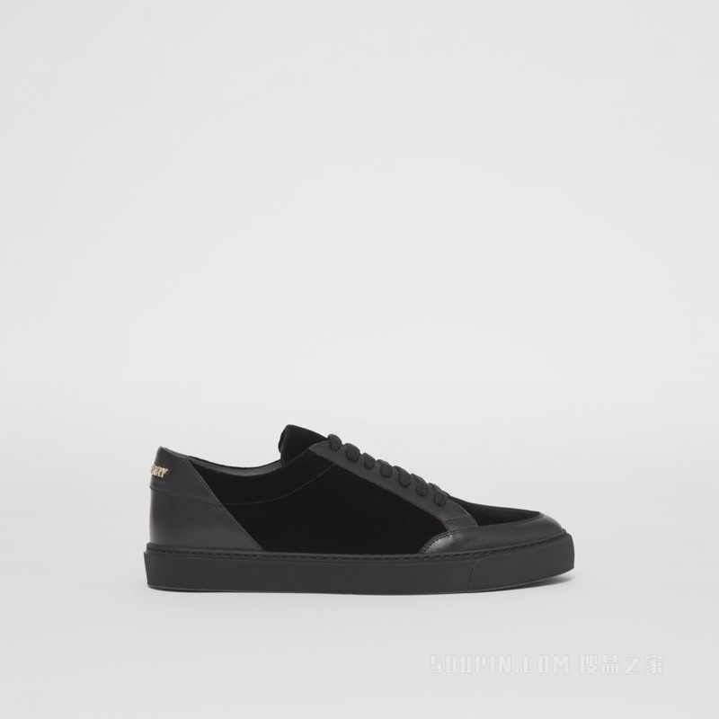 徽标装饰丝绒拼皮革运动鞋 (黑色) - 女士