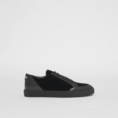 徽标装饰丝绒拼皮革运动鞋 (黑色) - 女士