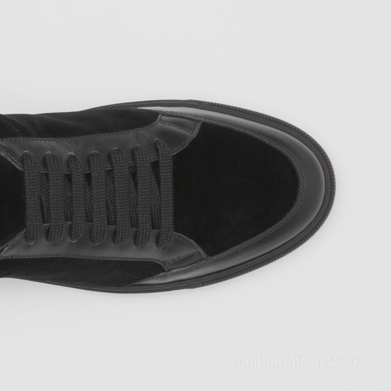 徽标装饰丝绒拼皮革运动鞋 (黑色) - 女士