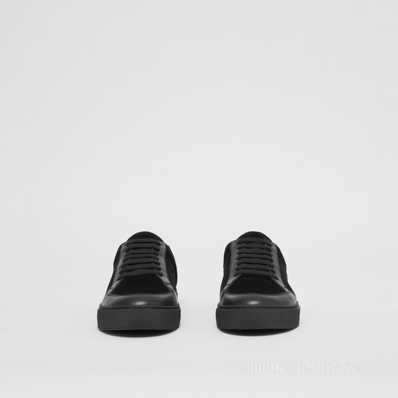 徽标装饰丝绒拼皮革运动鞋 (黑色) - 女士