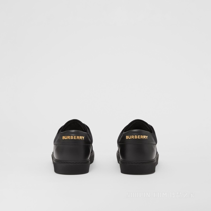 徽标装饰丝绒拼皮革运动鞋 (黑色) - 女士