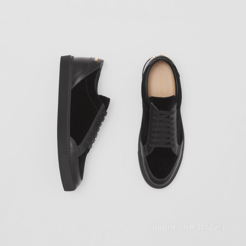 徽标装饰丝绒拼皮革运动鞋 (黑色) - 女士