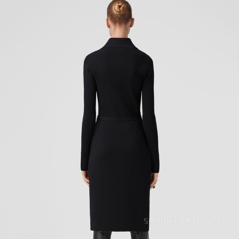 专属标识装饰罗纹针织羊毛连衣裙 (黑色) - 女士