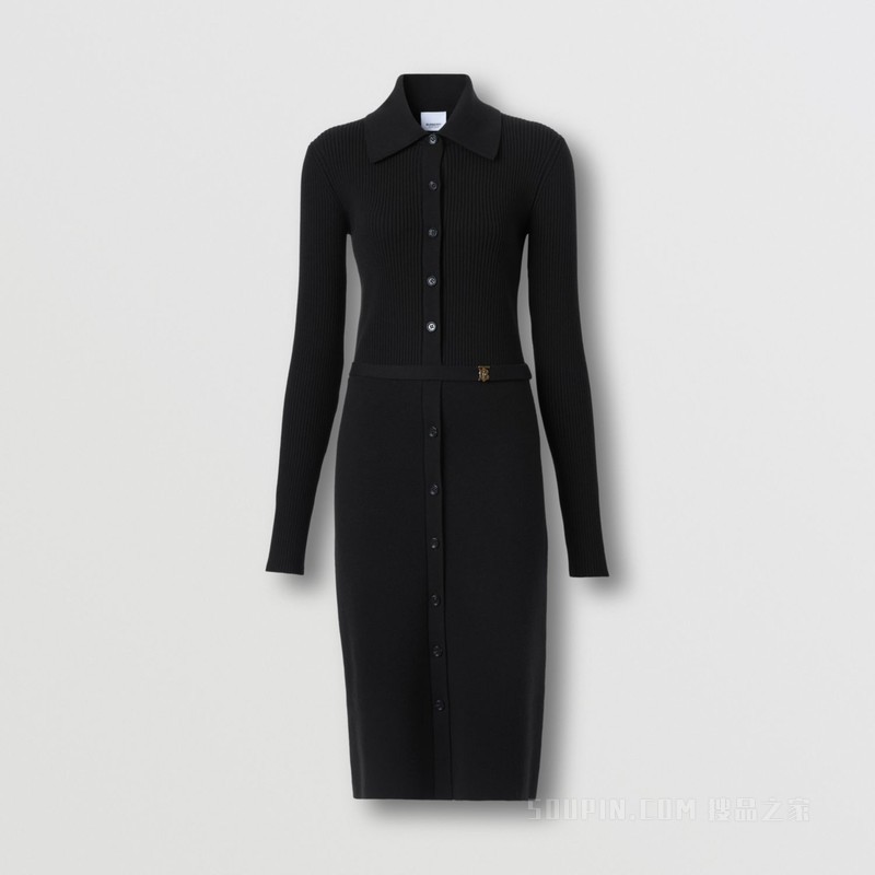 专属标识装饰罗纹针织羊毛连衣裙 (黑色) - 女士