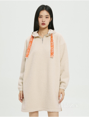 Calvin Klein 22早秋女士拉链半襟LOGO织带抽绳舒适抓绒连衣裙J219976