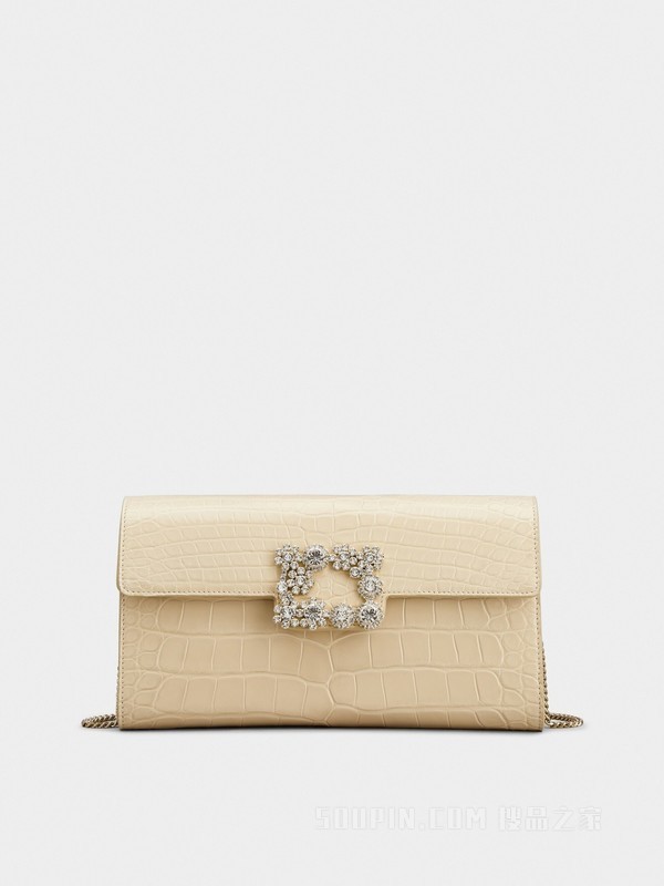 Flower Strass Buckle Clutch Bag in Leather