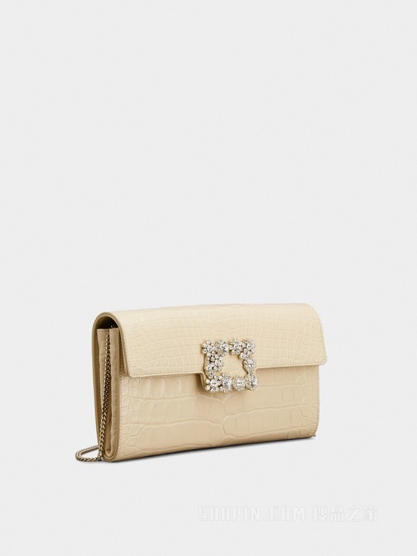 Flower Strass Buckle Clutch Bag in Leather