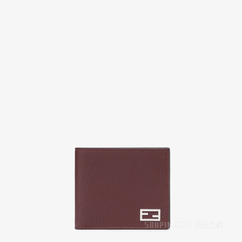 皮夹 酒红色皮革双折皮夹