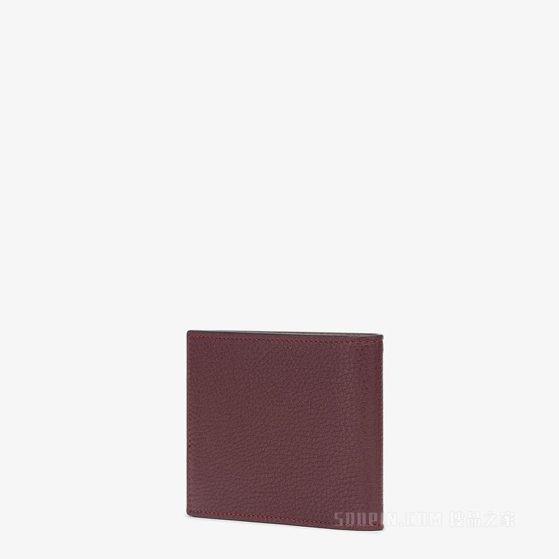 皮夹 酒红色皮革双折皮夹