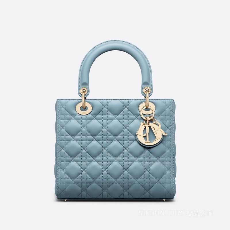 中号 Lady Dior 手袋 天际蓝羊皮革藤格纹