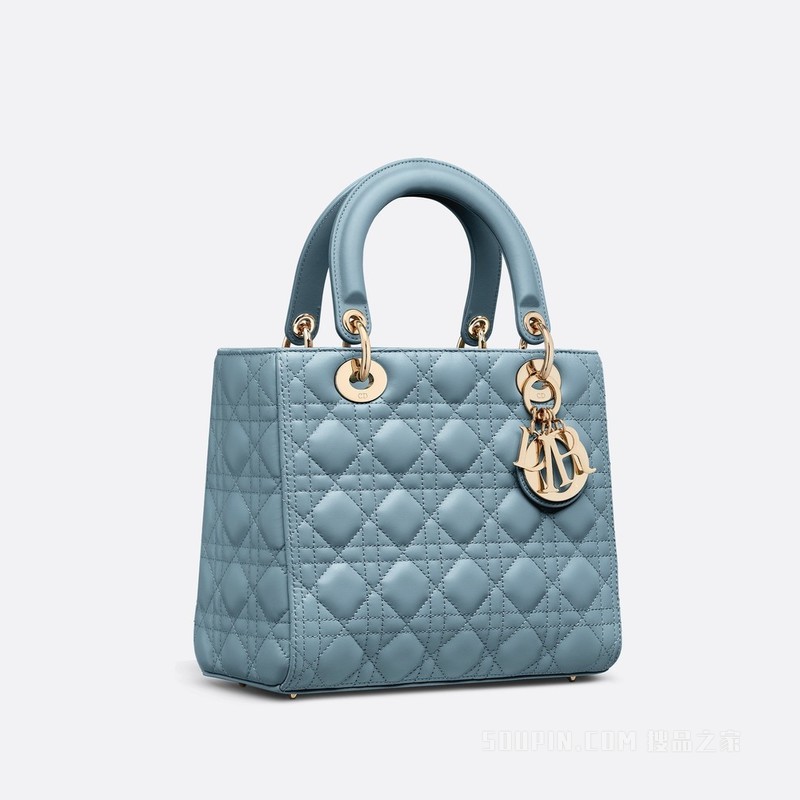 中号 Lady Dior 手袋 天际蓝羊皮革藤格纹