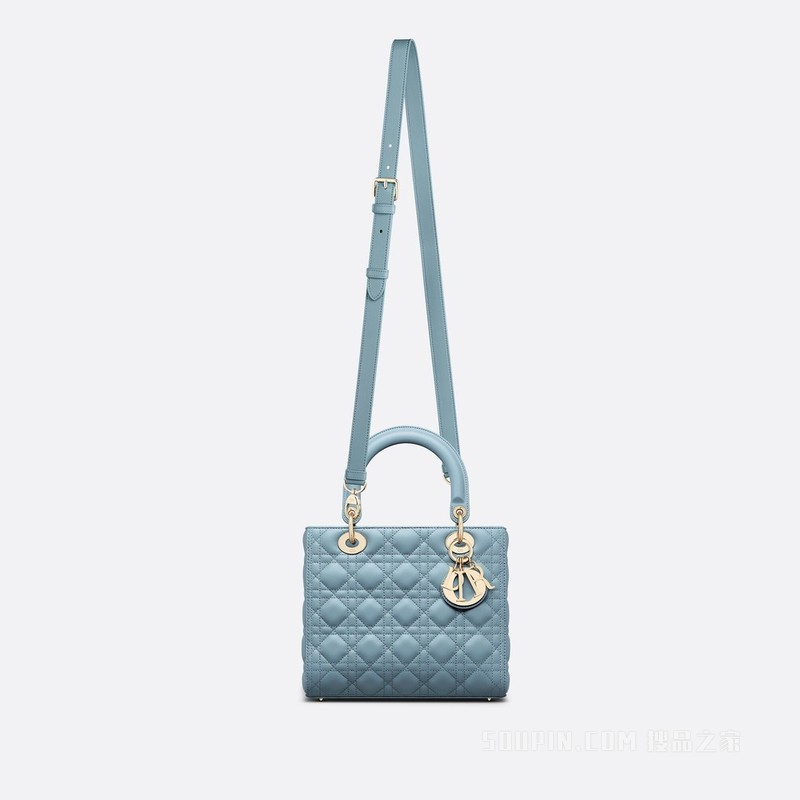 中号 Lady Dior 手袋 天际蓝羊皮革藤格纹