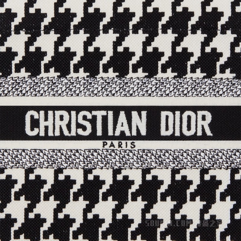 小号 Book Tote 手袋 黑色和白色超大千鸟格纹刺绣 (26.5 x 21 x 14 cm)