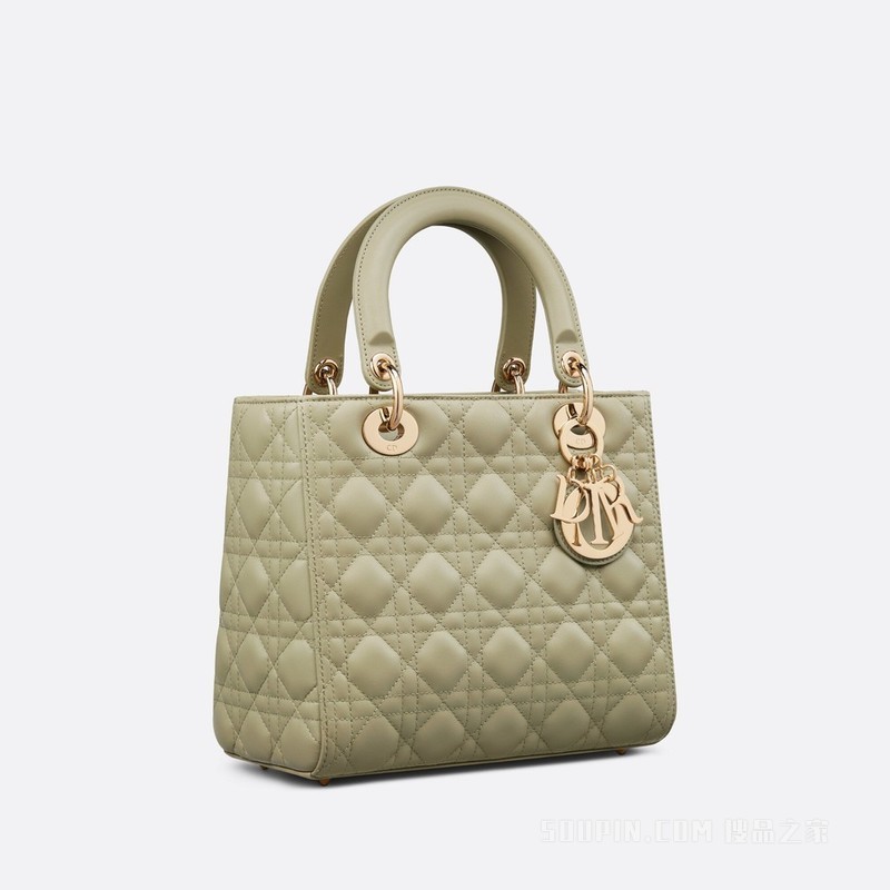 中号 Lady Dior 手袋 灰绿色羊皮革藤格纹