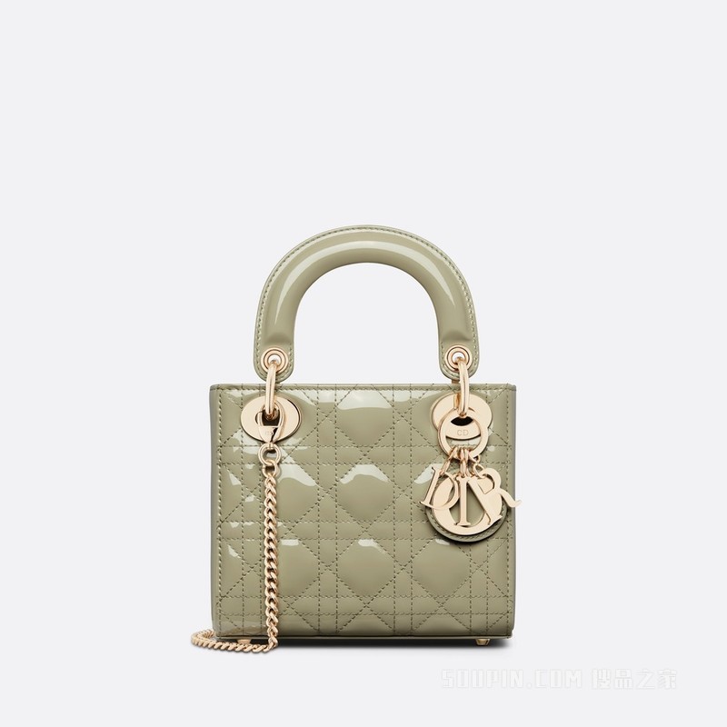 迷你 Lady Dior 手袋 灰绿色漆皮牛皮革藤格纹