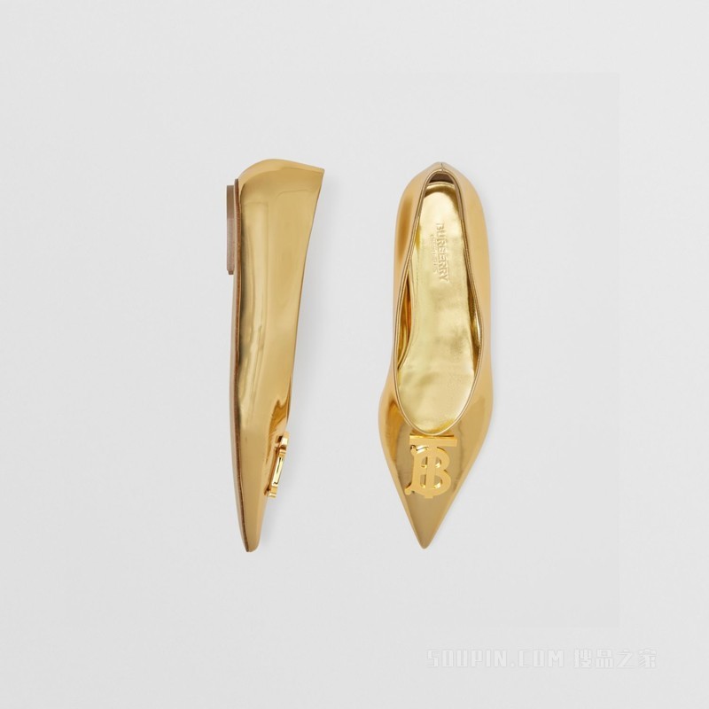 专属标识装饰金属感皮革尖头芭蕾平底鞋 (金色) - 女士