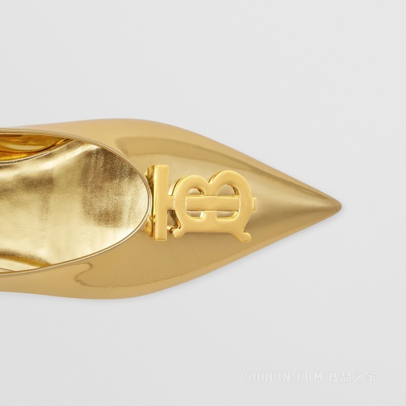 专属标识装饰金属感皮革尖头芭蕾平底鞋 (金色) - 女士