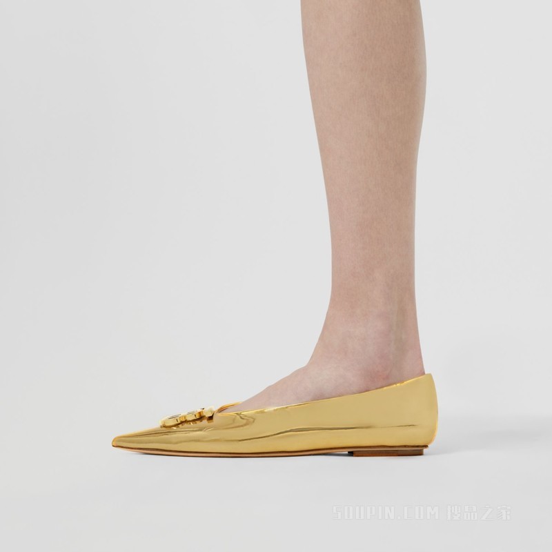 专属标识装饰金属感皮革尖头芭蕾平底鞋 (金色) - 女士