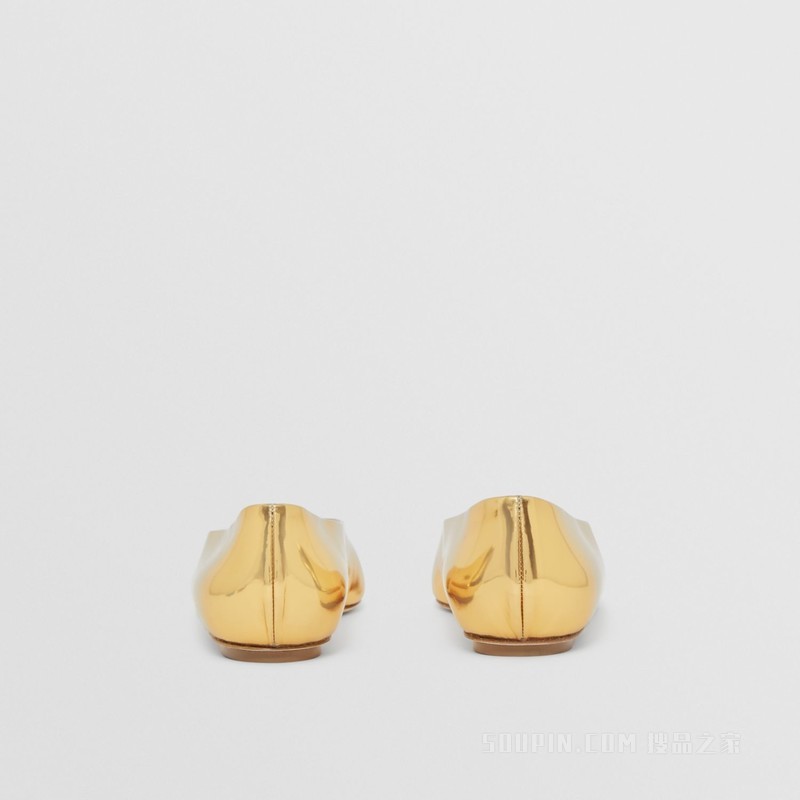 专属标识装饰金属感皮革尖头芭蕾平底鞋 (金色) - 女士