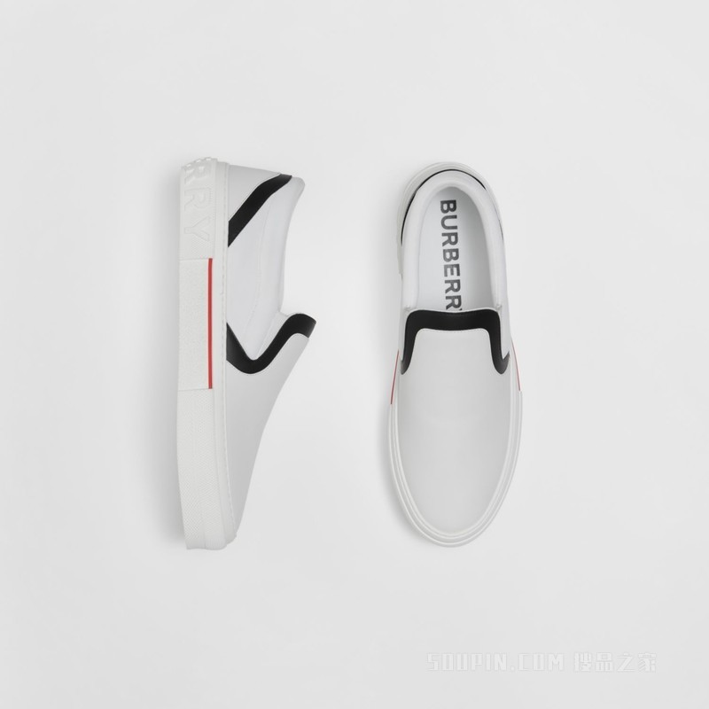 徽标装饰皮革运动鞋 (白色 / 黑色) - 男士