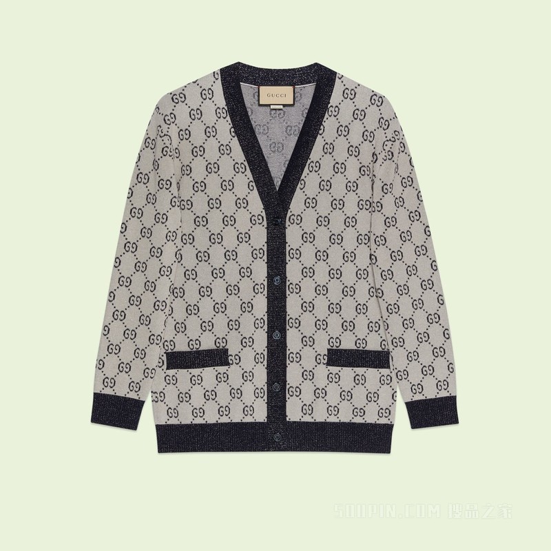 GG棉质提花开衫 象牙白色和蓝色