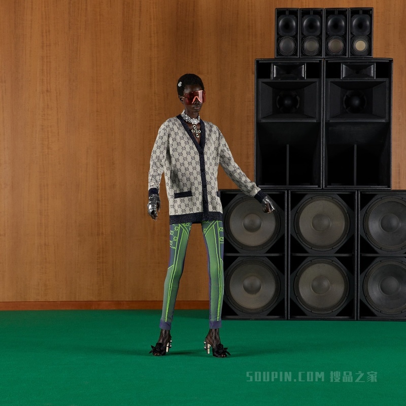 GG棉质提花开衫 象牙白色和蓝色