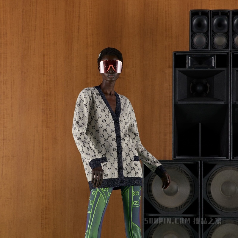 GG棉质提花开衫 象牙白色和蓝色