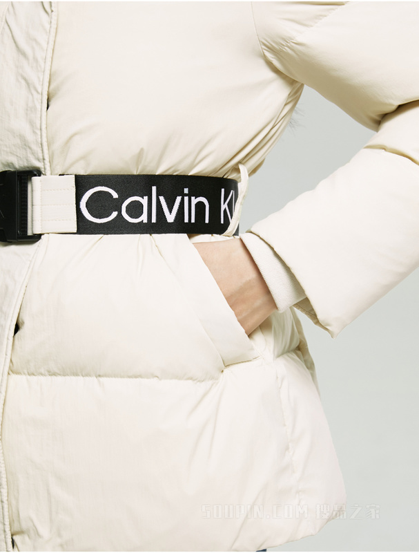 Calvin Klein 22秋冬新款女士时尚立领LOGO织带插扣收腰保暖羽绒服J220171
