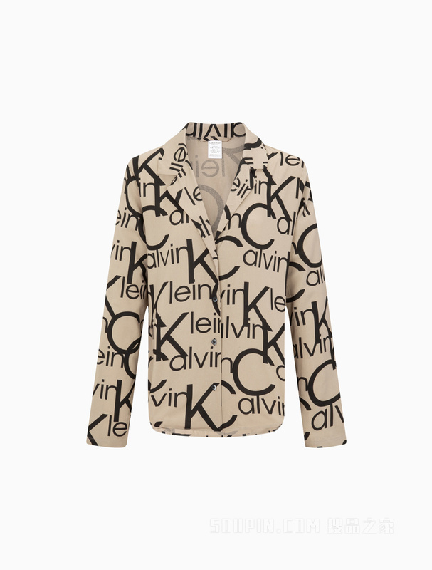 Calvin Klein 22早秋女士时尚LOGO满印丝滑透气翻领家居长袖睡衣QS6848