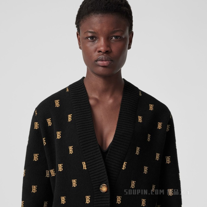 专属标识装饰羊毛混纺宽松开衫 (黑色) - 女士