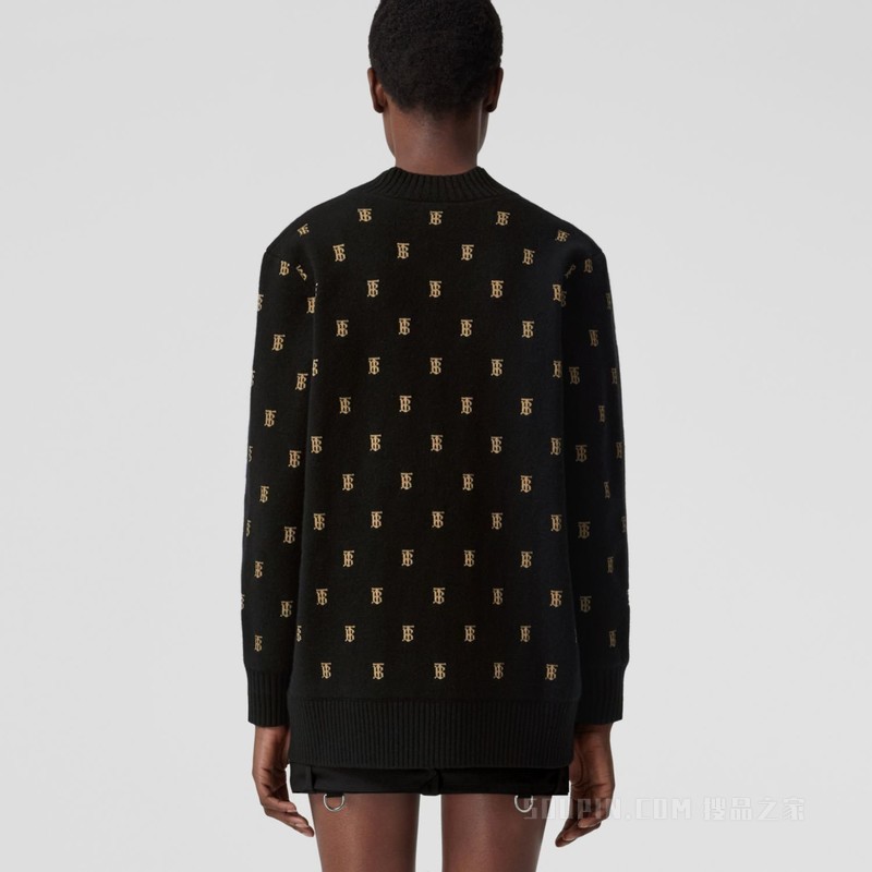 专属标识装饰羊毛混纺宽松开衫 (黑色) - 女士