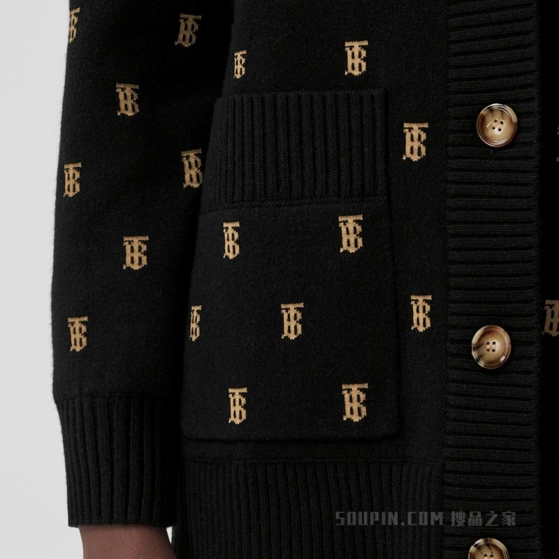 专属标识装饰羊毛混纺宽松开衫 (黑色) - 女士