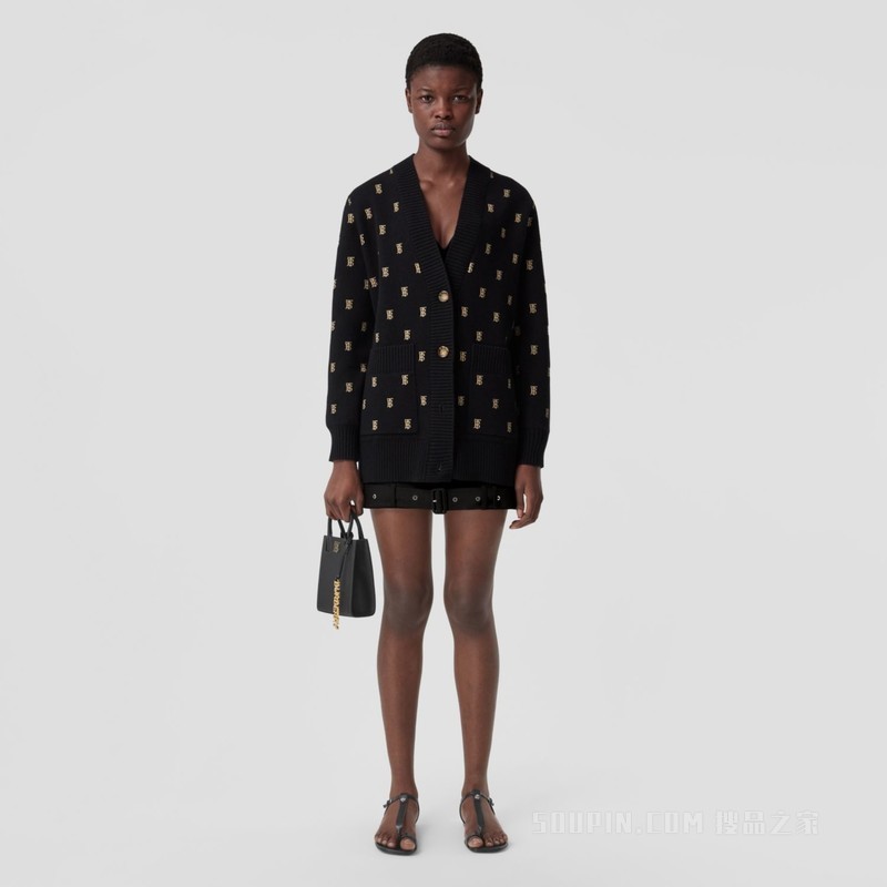 专属标识装饰羊毛混纺宽松开衫 (黑色) - 女士