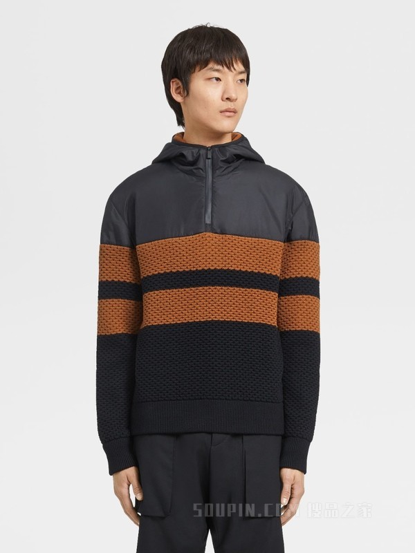 黑色 Techmerino™ 多元混搭拉链企领连帽衫