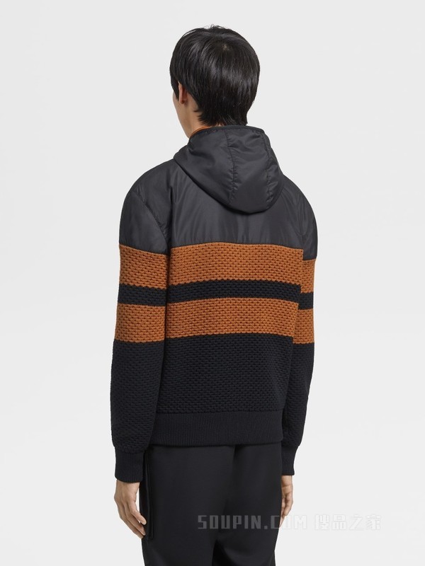 黑色 Techmerino™ 多元混搭拉链企领连帽衫