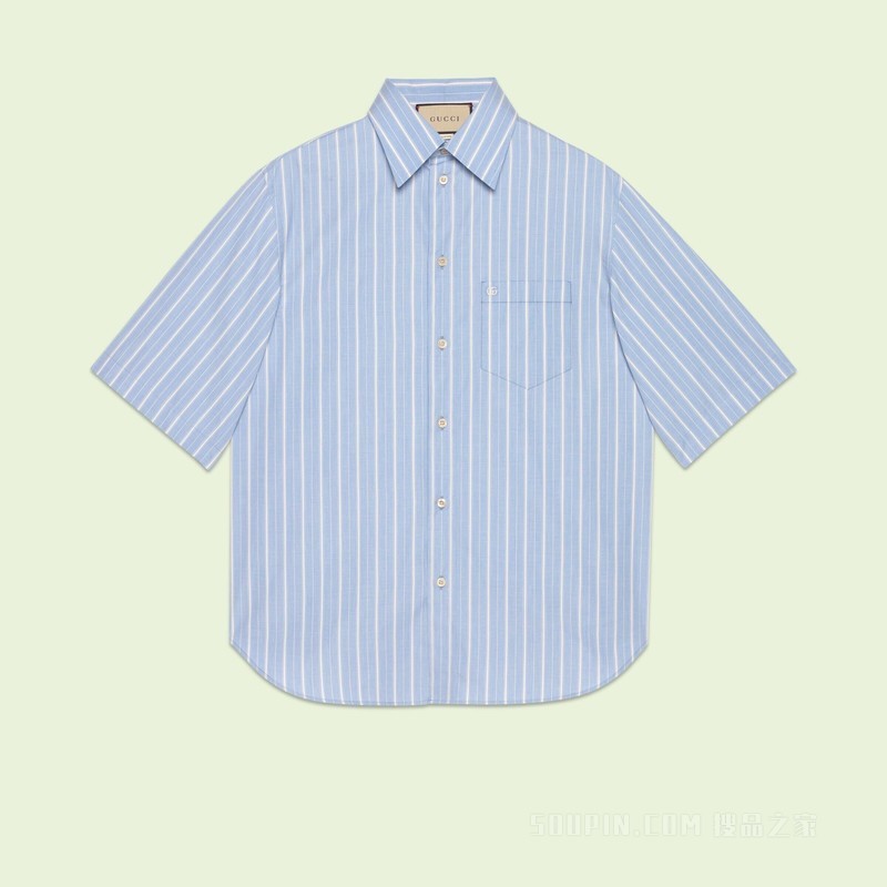 条纹棉质方形衬衫 浅蓝色和白色