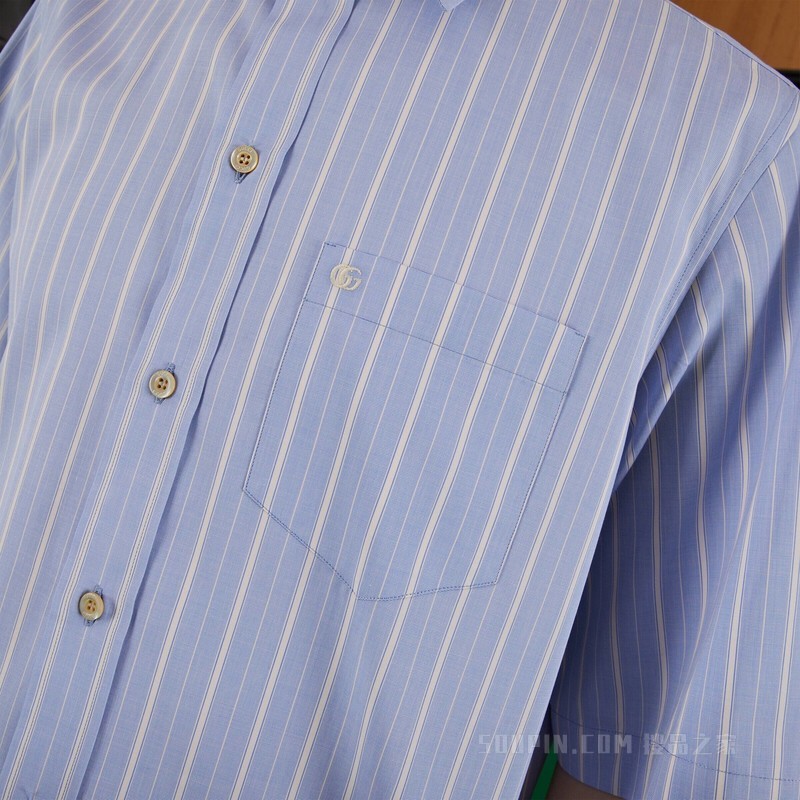 条纹棉质方形衬衫 浅蓝色和白色