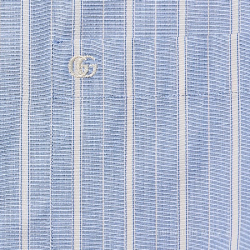 条纹棉质方形衬衫 浅蓝色和白色