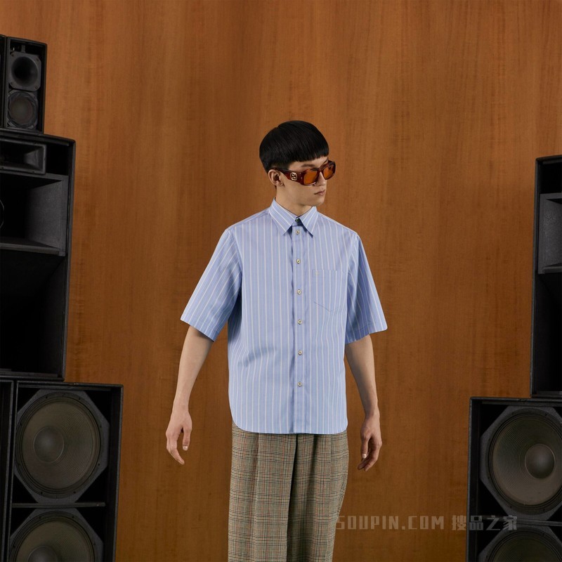 条纹棉质方形衬衫 浅蓝色和白色