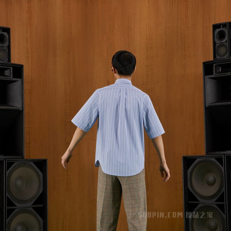 条纹棉质方形衬衫 浅蓝色和白色