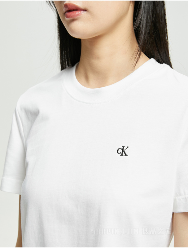 Calvin Klein 22春夏新款女士年轻休闲纯棉修身刺绣透气短袖T恤40WH105