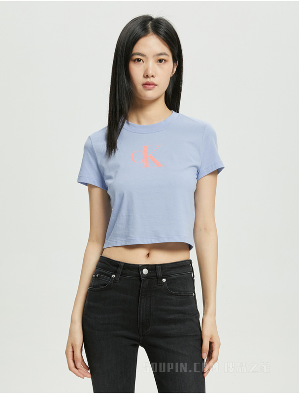 Calvin Klein 22早秋女士休闲圆领短款简约LOGO纯棉透气短袖T恤40WH132