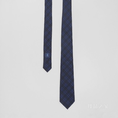 经典剪裁微型格纹提花丝缎领带 (海军蓝) - 男士