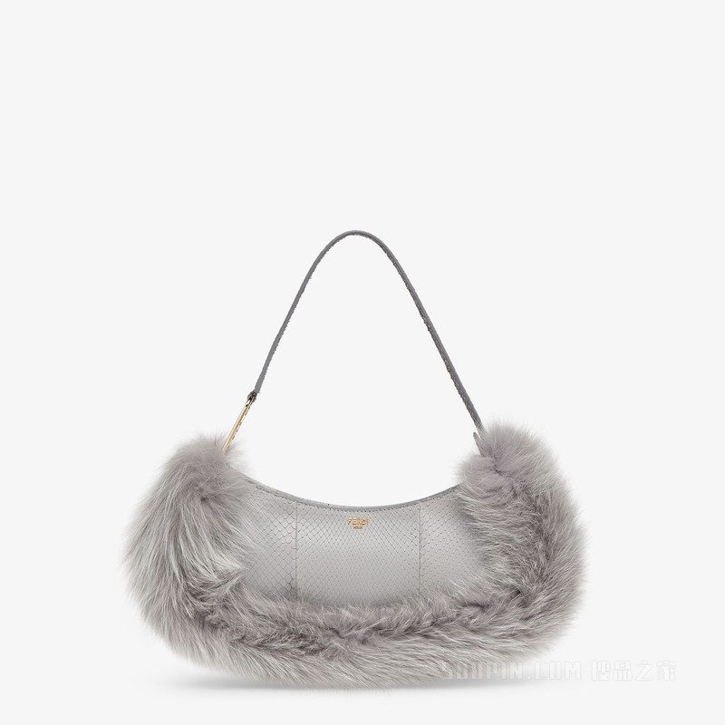 Fendi O'Lock Swing 灰色蟒蛇皮和狐狸皮草手拿包