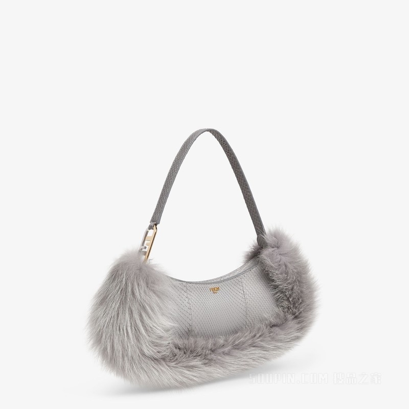 Fendi O'Lock Swing 灰色蟒蛇皮和狐狸皮草手拿包