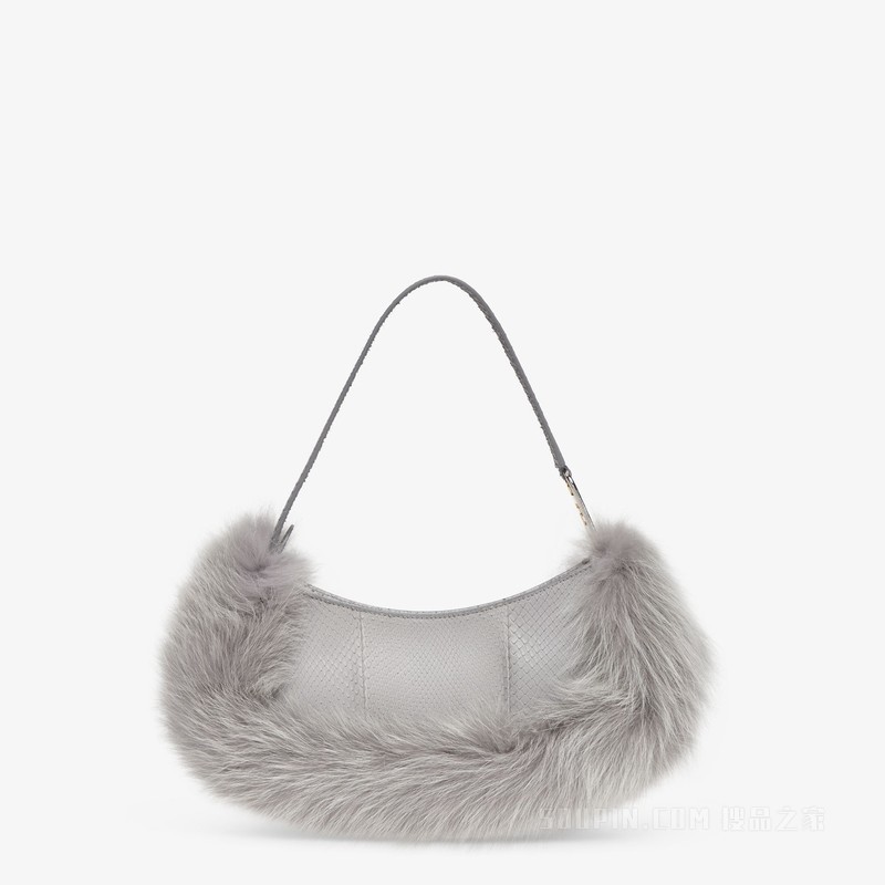 Fendi O'Lock Swing 灰色蟒蛇皮和狐狸皮草手拿包